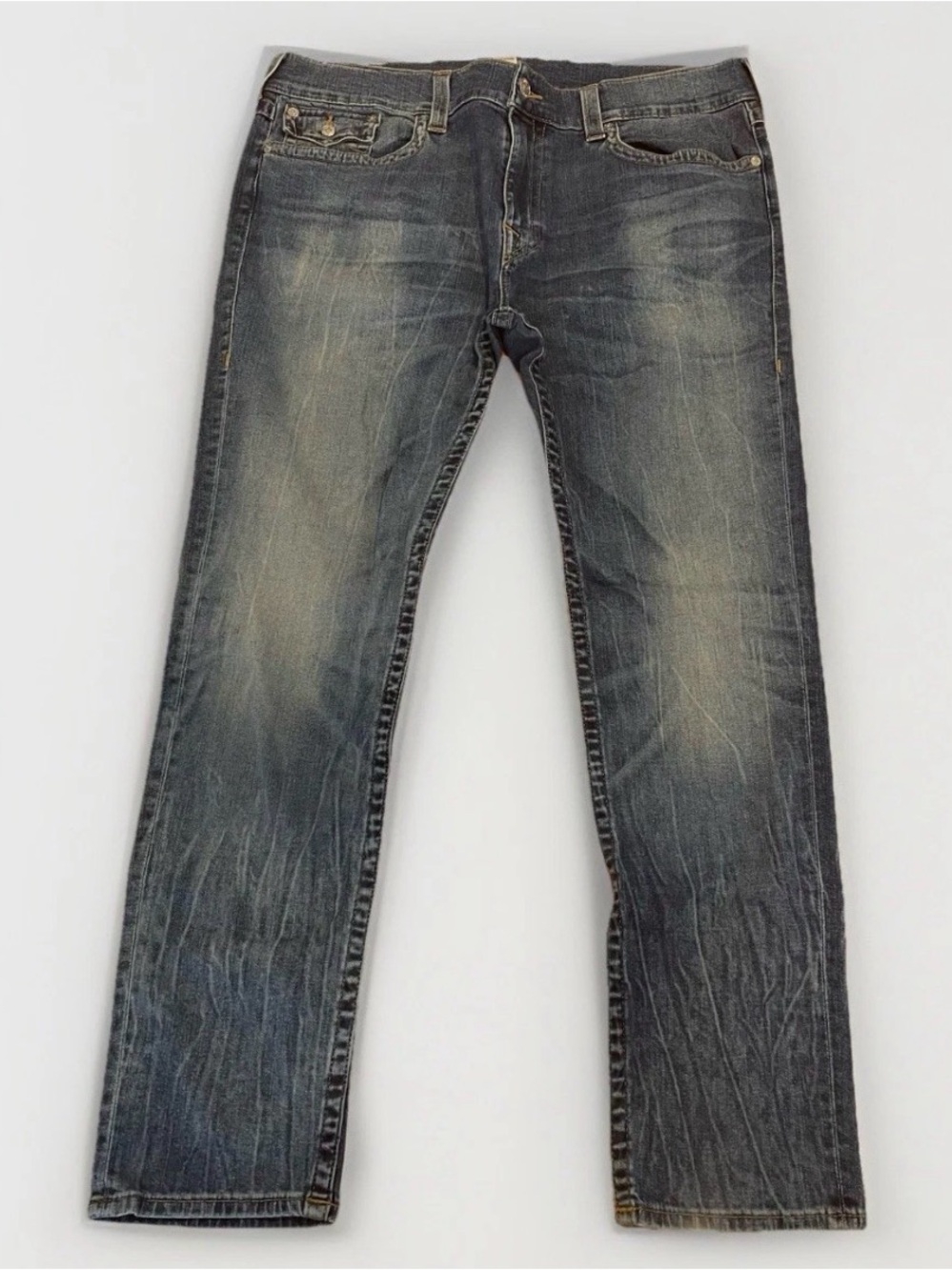Y2K True Religion Jeans Rocco Relaxed Skinny Size 40 Blue Distressed Denim